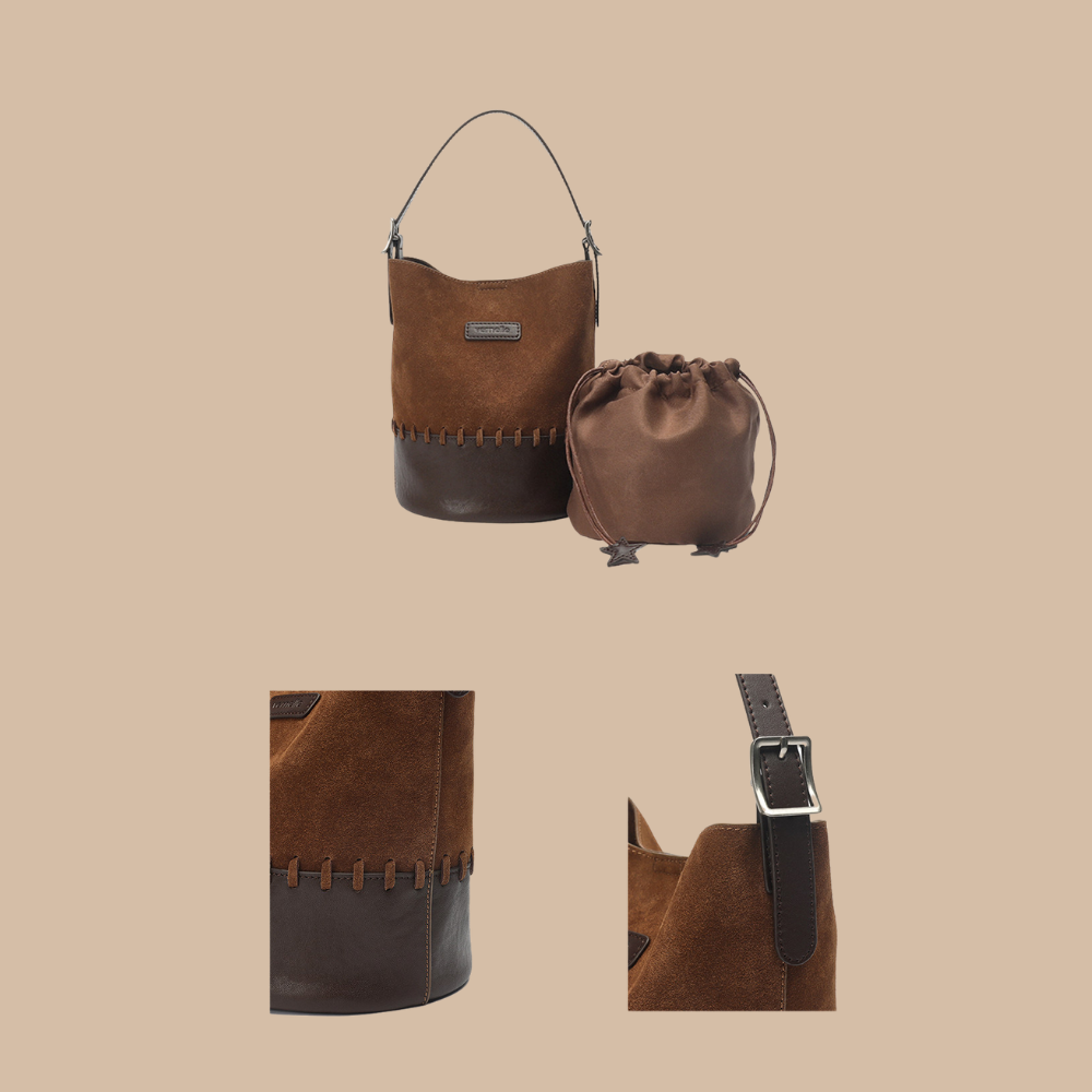 Suede & Leather Two-Tone Bucket Bag  N180
